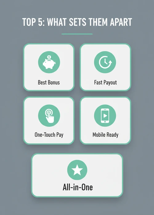 What sets the top 5 Apple Pay casinos apart — best bonus, fast payout, one-touch pay and mobile-ready play.
