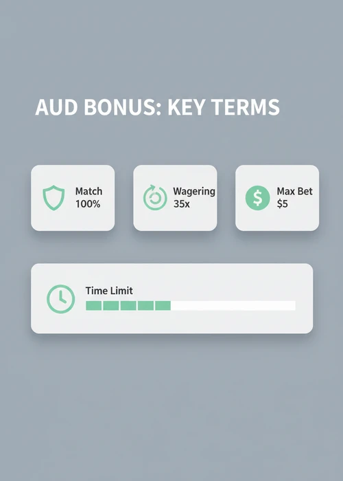 AUD bonus key terms at an Apple Pay casino — 100% match, 35x wagering and $5 max bet with a time limit.