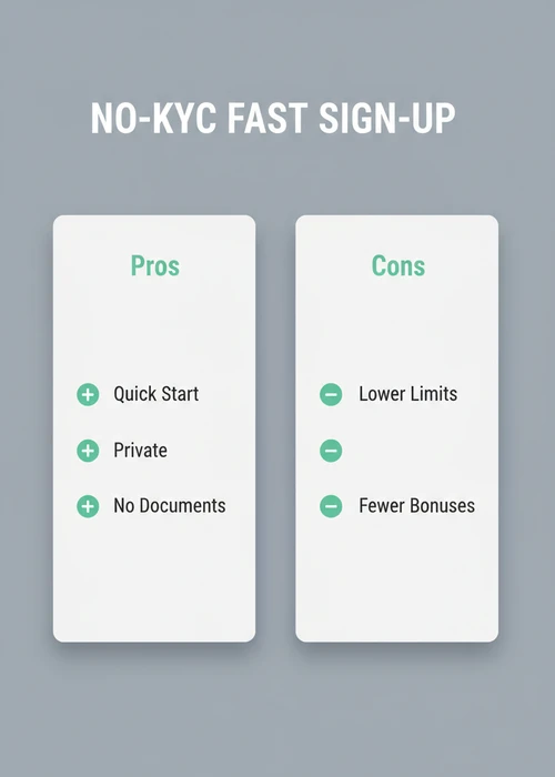 No-KYC fast sign-up at Apple Pay casinos — quick start, private and no documents versus lower limits and fewer bonuses.