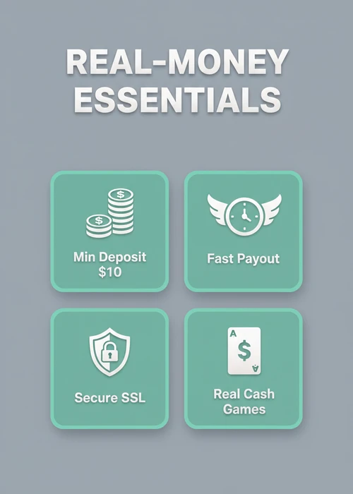 Real-money essentials at an Apple Pay casino — $10 min deposit, fast payout, secure SSL and real cash games.